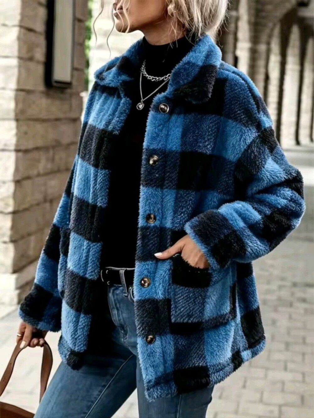 Women's Plaid Fluffy Fleece Lapel Shacket Jacket Fall Clothes
